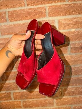 Enzo Angiolini Red Suede Open-Toe Block Heel Mules